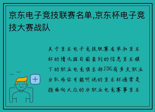 京东电子竞技联赛名单,京东杯电子竞技大赛战队